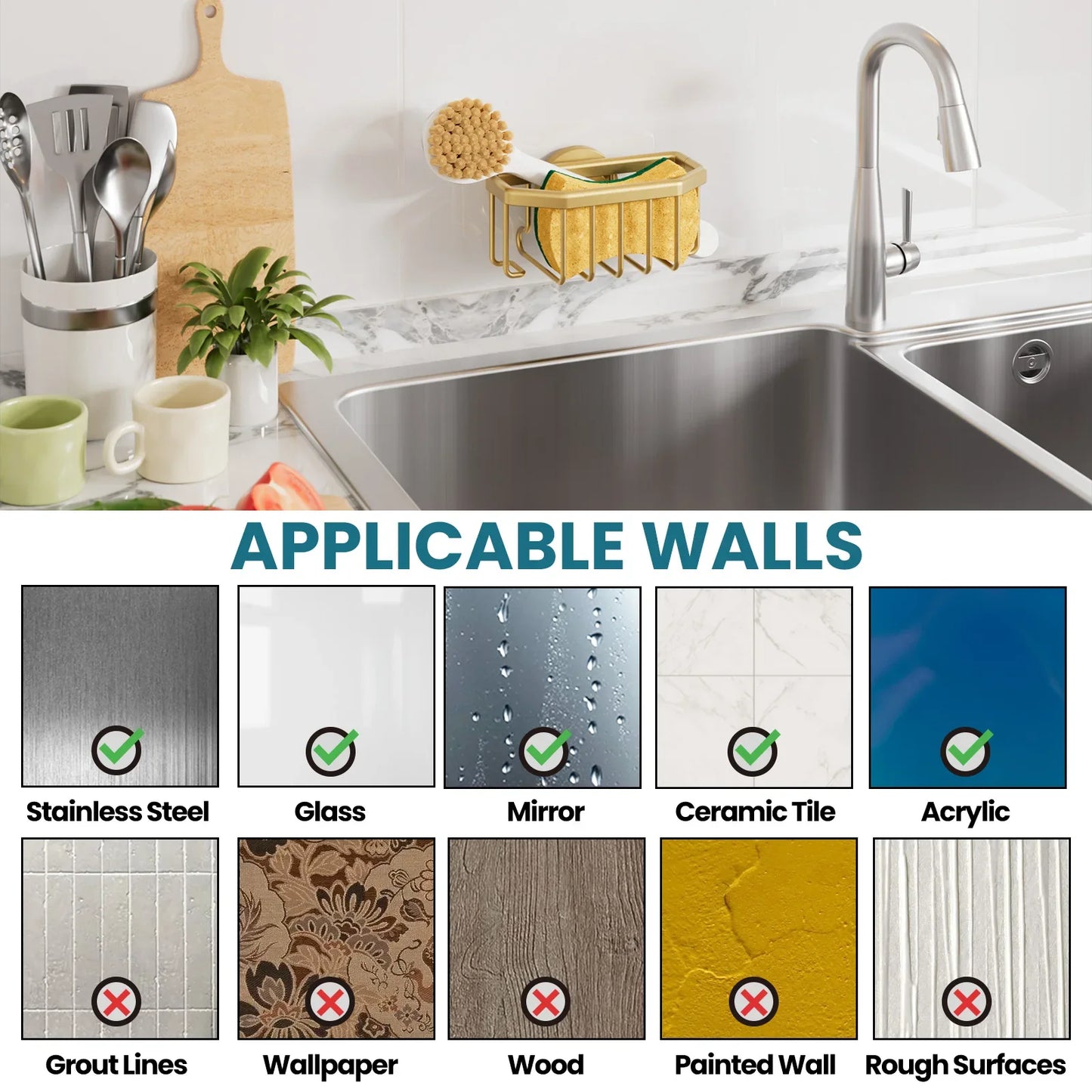 SinkAura – Gold Aluminum Suction Sponge Holder