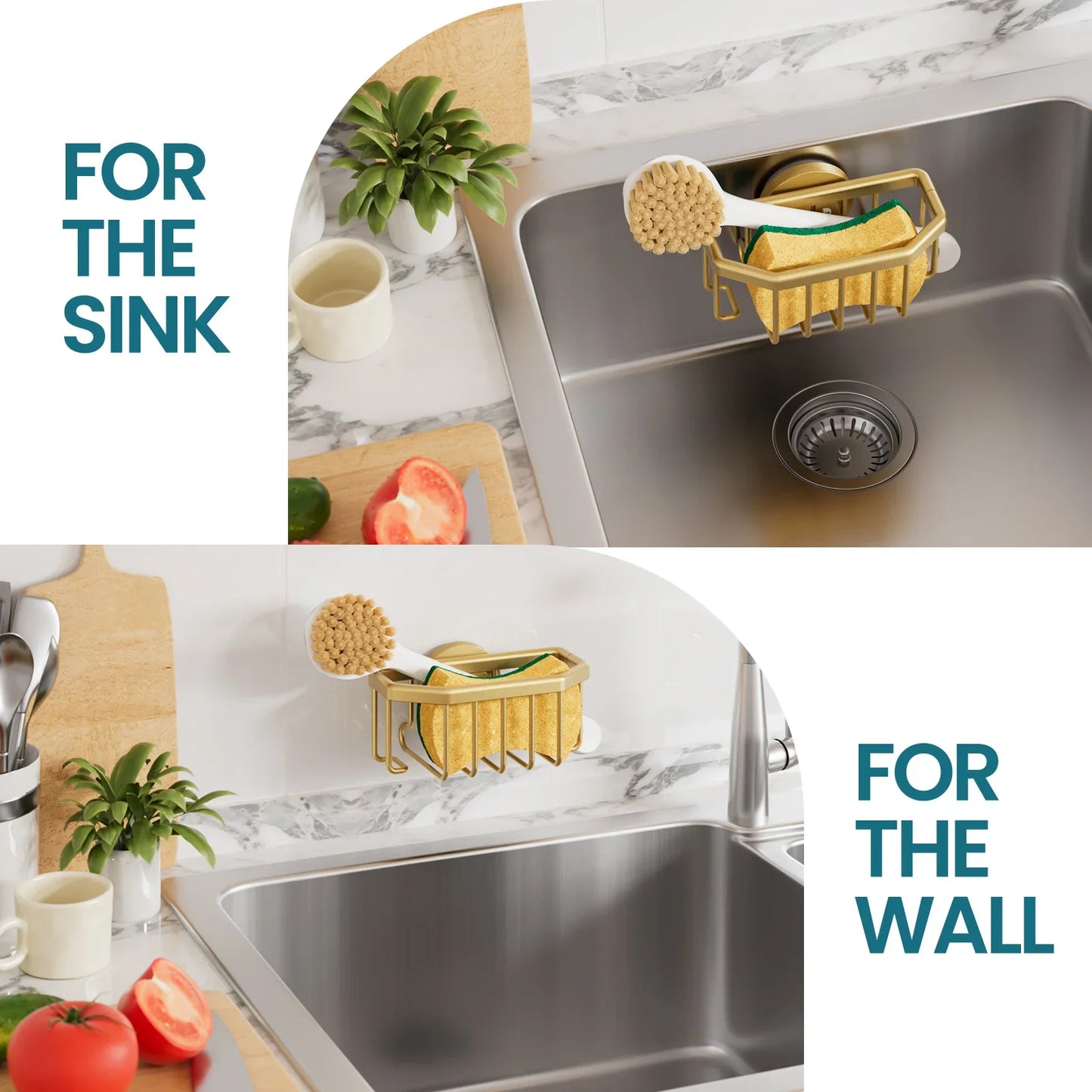 SinkAura – Gold Aluminum Suction Sponge Holder