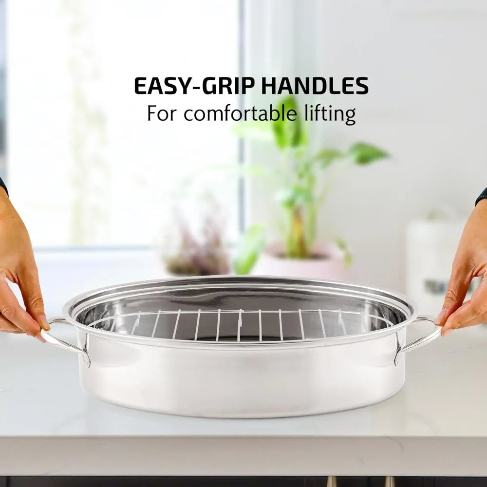 RoastiNex – 16 Inch Oval Stainless Steel Roasting Pan Set